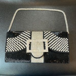 ESWANNY Beaded and Rhinestone Clutch with Detachable Rhinestone Strap